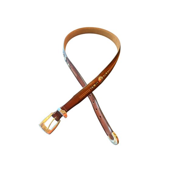 Brown Leather Onyx By Brighton Mens Belt  Silver Buckle & Western Style Detail - Picture 1 of 7